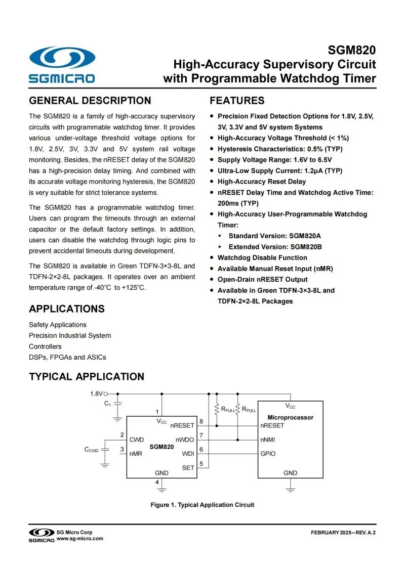 10Pcs/Lot SGM820A-1.7XTDE8G/TR TDFN-8,Mark: MI7,High-Accuracy Supervisory Circuit with Programmable Watchdog Timer,Electronics