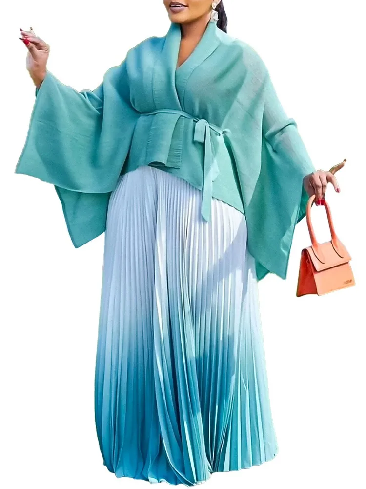 Two Piece Set Plus Size Clothes Spring Autumn V Neck Long Sleeve Top And Maxi Skirt Women Sets High Streetwear Casual Beach Suit