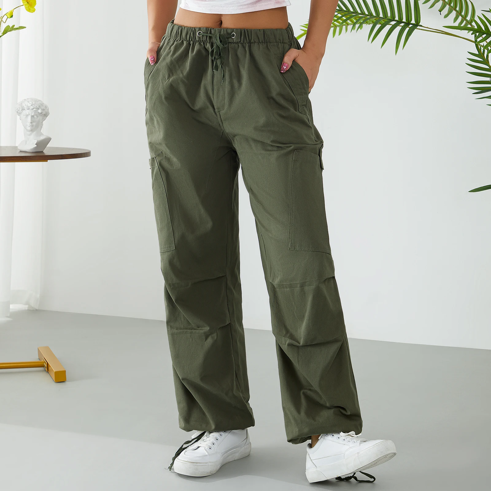 

Fashion Women's Cargo Pants Solid Color Loose Fit Drawstring Trousers with Multiple Pockets Casual Outfits Streetwear Y2k Autumn