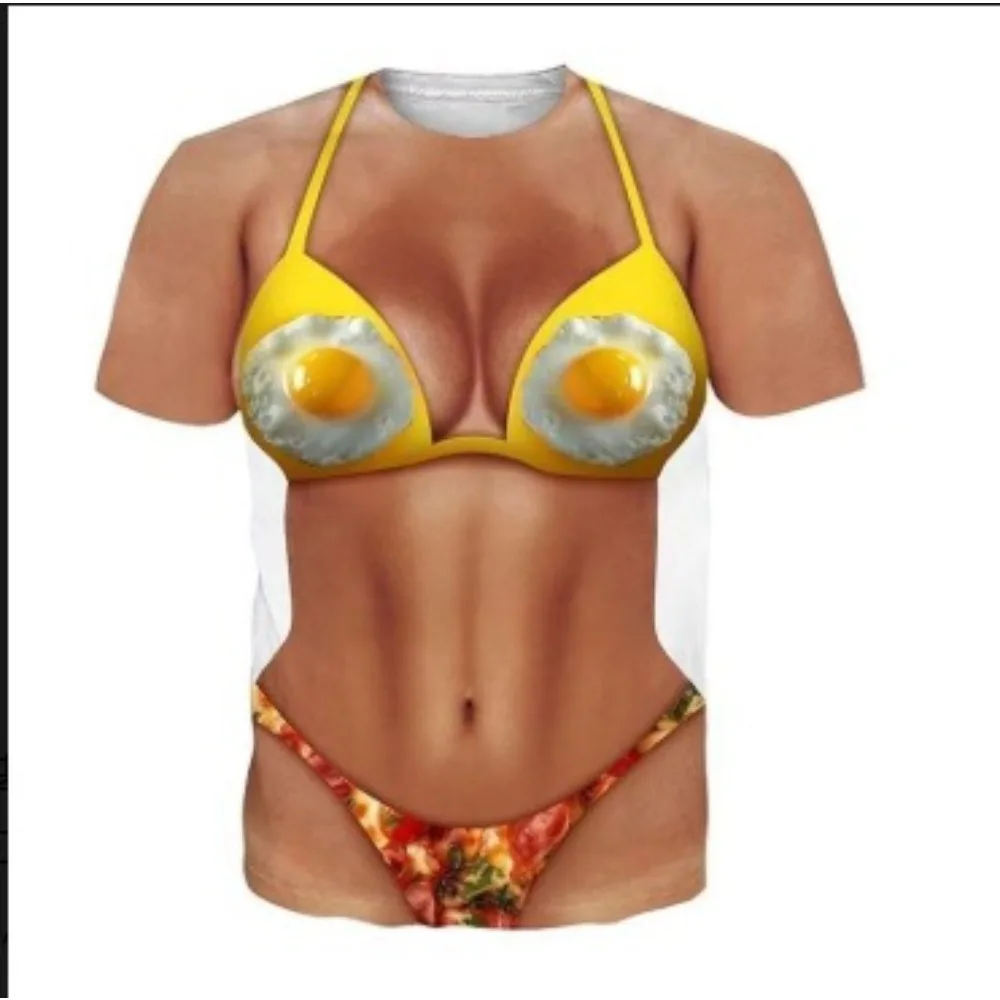 Funny Fried Egg Pizza Bikini Print Men T Shirt Novelty 3D Visual Illusion Short Sleeve Casual Tee