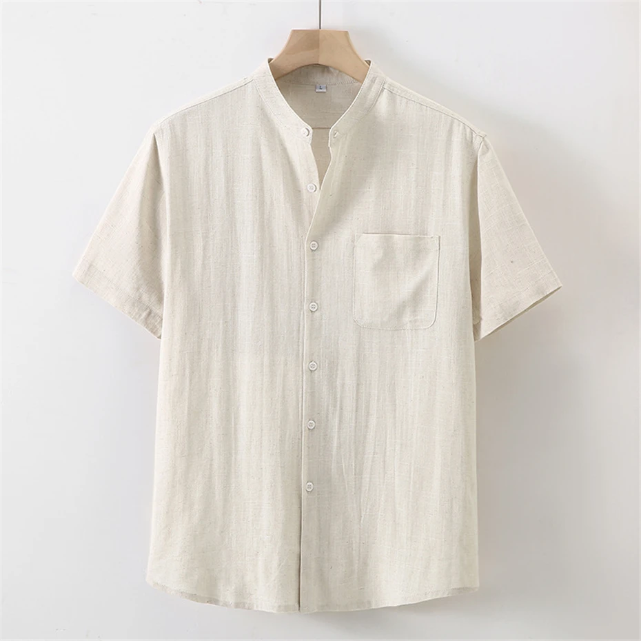 Men's Linen Shirt Summer Short Sleeve Shirts Fashion Casual Solid Color O-neck Shirt Male Plus Size 5XL Linen Tops