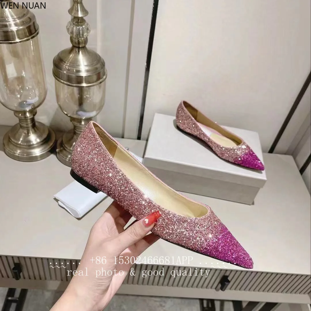 Crystal wedding  silver bridal  flat  for women - golden sequined gradient wedding dress bridesmaid shoes