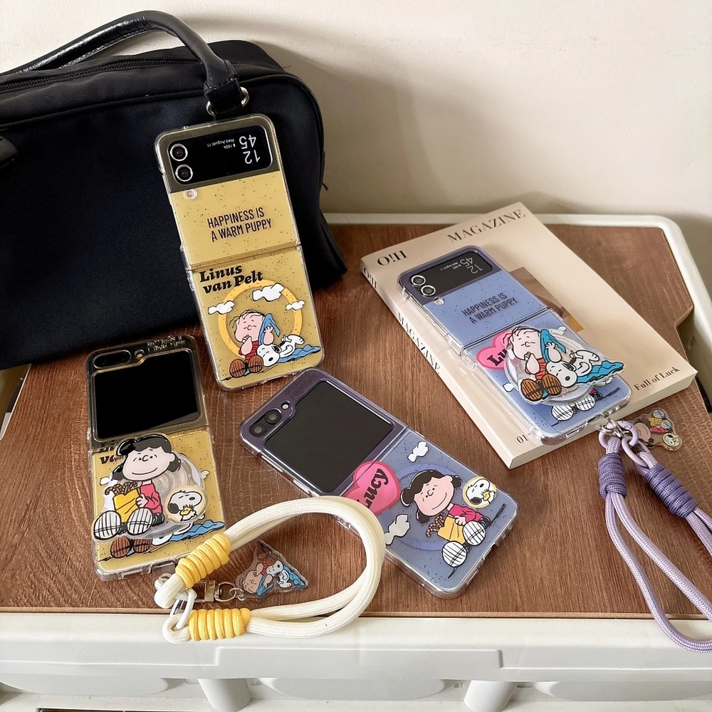Cute Cartoon Snoopy Charlie Brown Magnetic Holder Magsafe Wireless Charge Phone Case For Samsung Galaxy Z Flip 7 6 5 4 3 Cover
