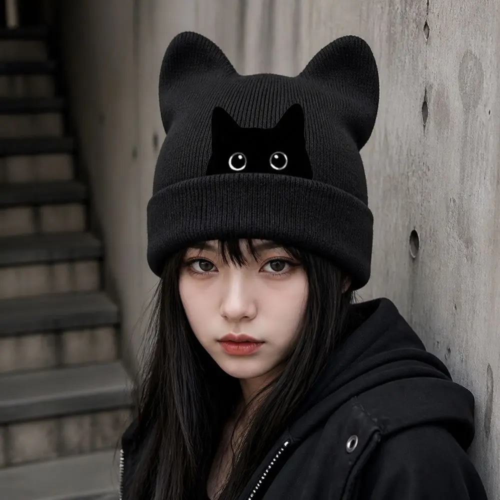 Fashion Knit Cat Ear Beanie Hat Y2K Harajuku Stretchable Winter Knit Hat Punk Gothic Pullover Hat Women