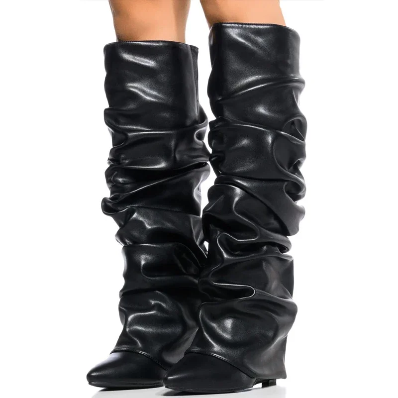 Pleated Upper Pants Knee High Boots Ladies Wedge Heels Pants Shoes Women Camouflage Overlay Ruched Long Boots