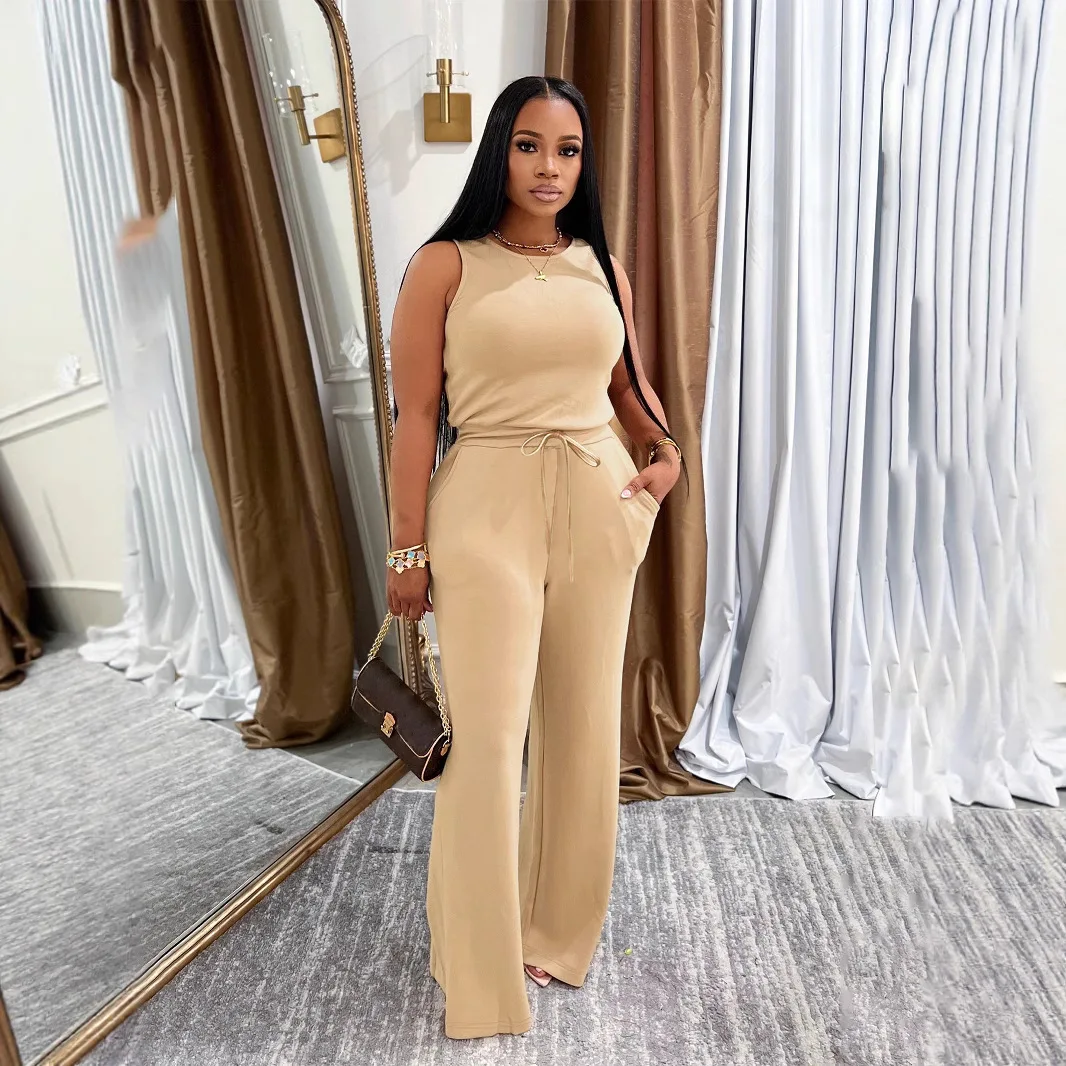 

Summer New Fashion American European Women's Solid Color Sleeveless O-neck Wide Leg Lace-up Casual Trendy Loose Daily Jumpsuit