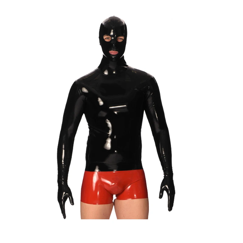 Latex 100% Rubber Men Long Slevees Tight Top and Red Boxer Shorts With Mask 0.4mm Size XXS-XXL