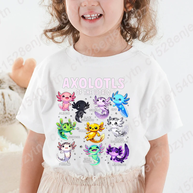 Colorful Cartoon Axolotls Graphic Print Tee, Girls' Casual & Comfy Crew Neck Short Sleeve T-shirt For Spring & Summer