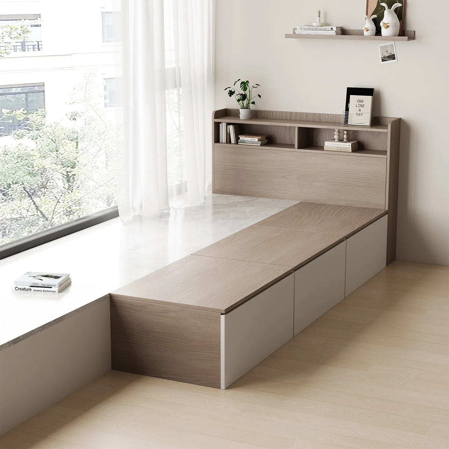 Solid wood custom modern bay window splicing bed tatami window sill half bed frame connection