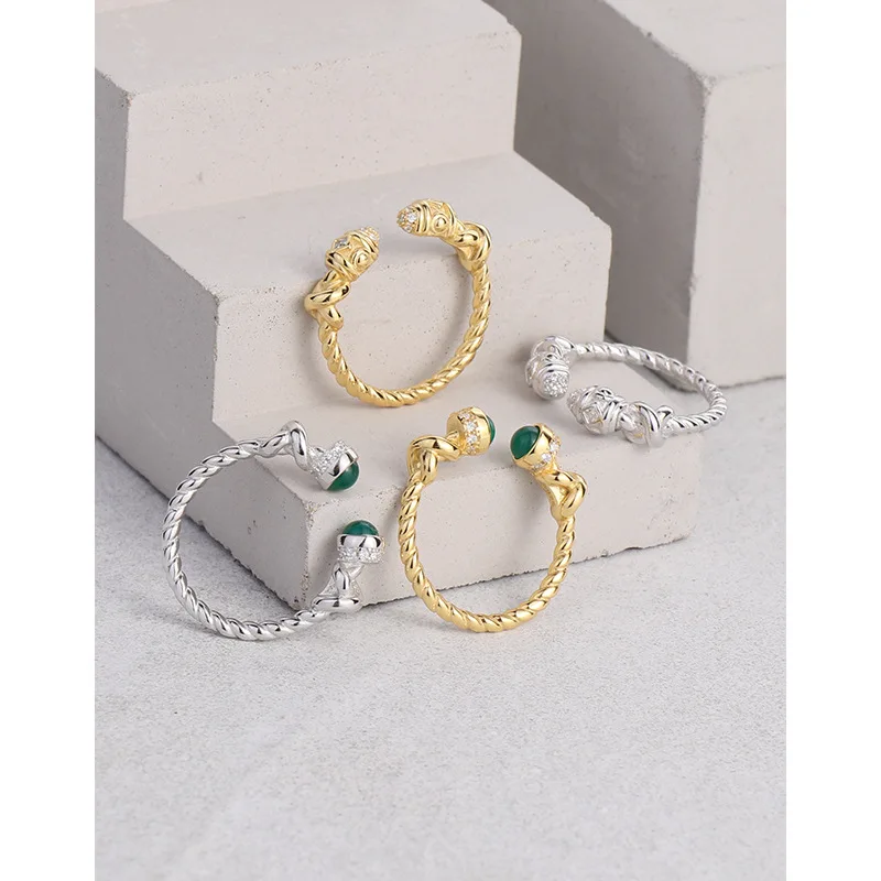 F.I.N.S Original Pure S925 Sterling Silver Gold Twist Knot Zircon Agate Ring Korean Luxury Opening Stackable Finger Accessories