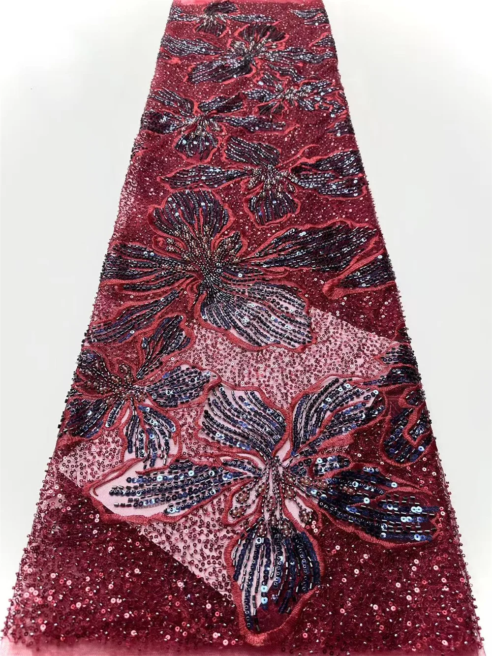 

Luxury 5yards Sewing 2025 Style Wine Nigerian Beaded Lace Fabric African Sequins High-Quality Material For Party Dresses A1270-1