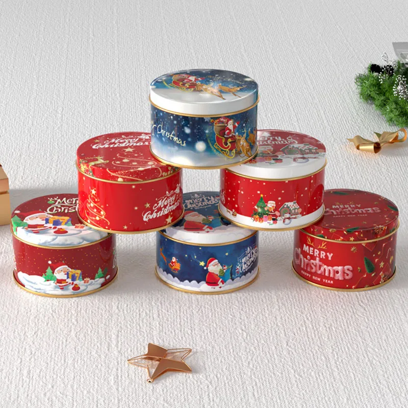 Christmas Candy Tin Round Cartoon Santa Claus Elk Letter Printed Tinplate Box Xmas Candy Chocolate Cookie Small Gift Boxes