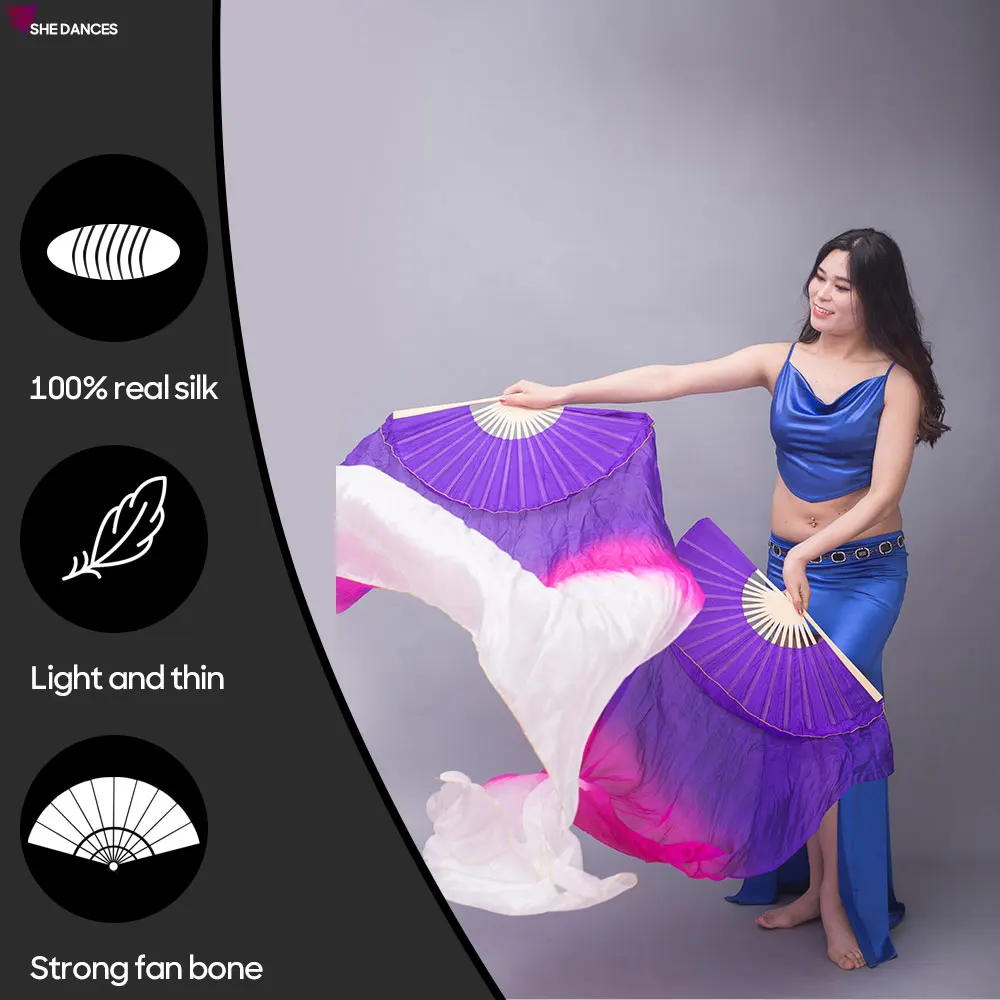 

One Pair Silk Fans Gradient Stage Performance and Practice Real Silk Veil Fan 150/180x90cm Long Belly Dance Accessories