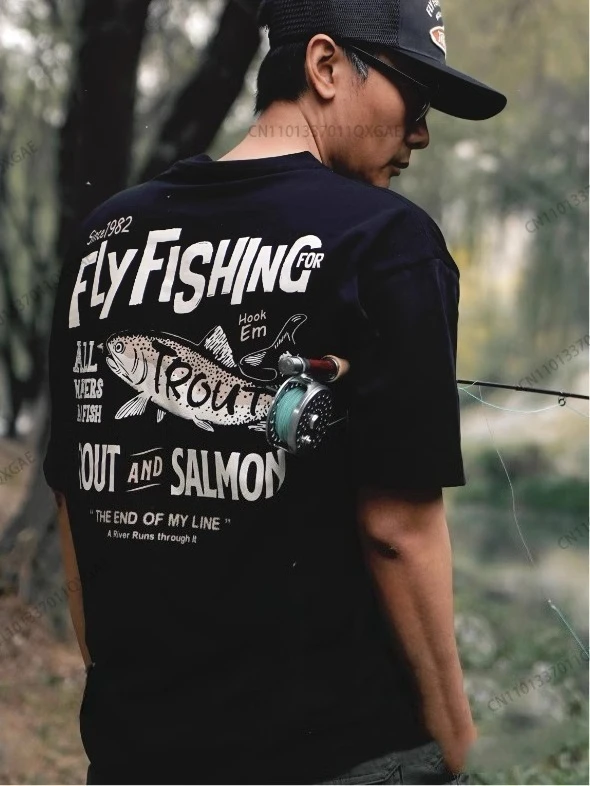 

Summer High-quality Men's and Women's Same American Retro Fly Hook Trout Printing Short-sleeved Loose Casual Trendy Brand
