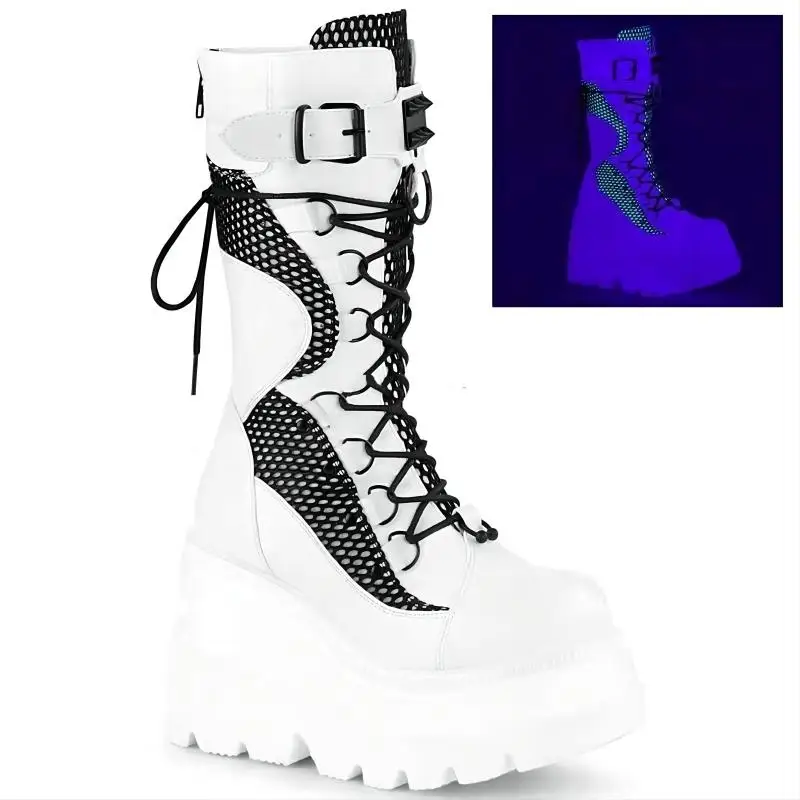 Hot Sale Women High Top Boots Fashion Reflective Casual Shoes Punk Style Rivet Motorcycle Boots Comfortable Soft Platform Heels