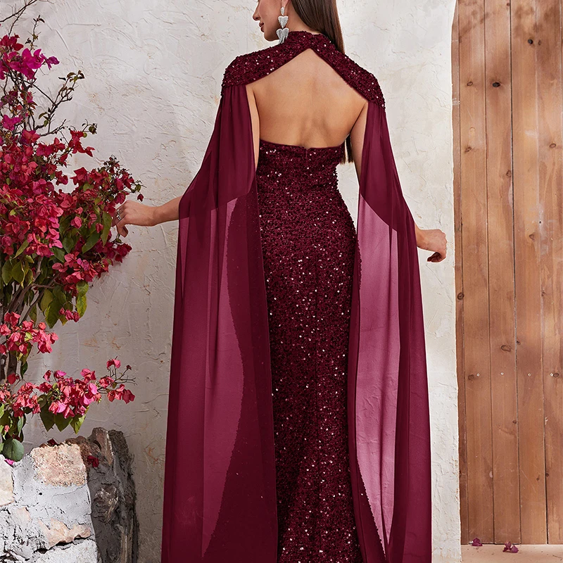 Elegant Women Detachable Shawl Strapless Evening Prom Dresses Sequins Sleeveless Birthday Wedding Party Dress vestidos de fiesta