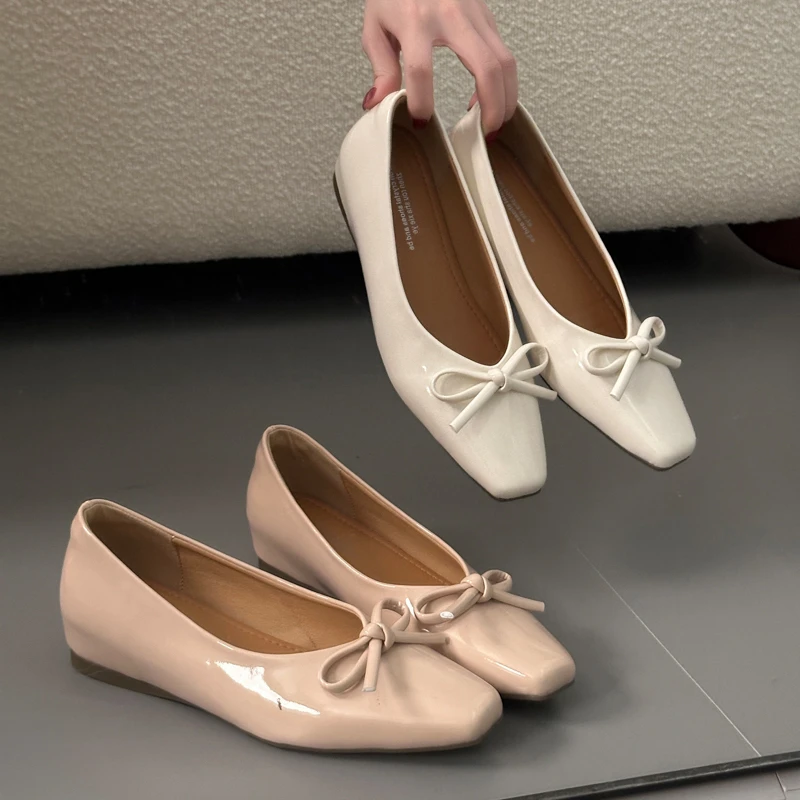 Spring Autumn Square Toe Shoes Women New Arrival Comfortable Casual Retro Elegant Bowknot Women's Shoes Shallow Mouth Flat Shoes