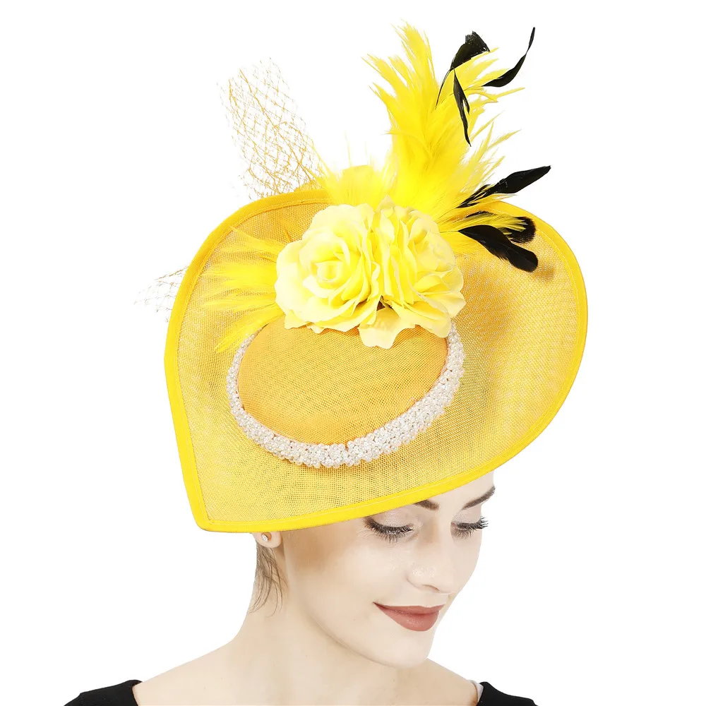 Elegant Yellow Feather Fascinator Wedding Bridal HairClip Hat Millinery Party Cocktail Headpiece Lady Floral Pattern HeadWear