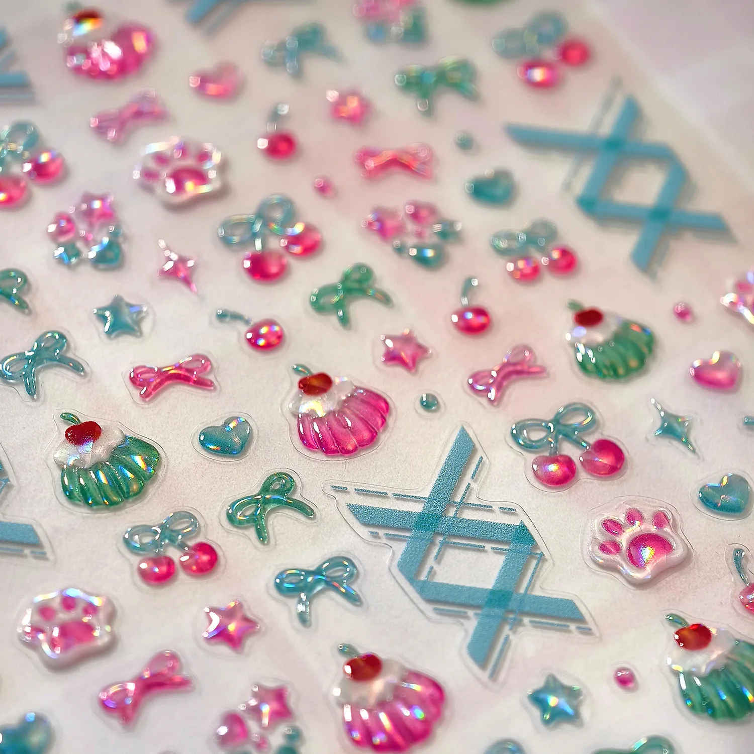 Kawaii Jelly Bowknot Rosa Katzenpfote 5D Nagelaufkleber Süße Kirschpudding Kuchen Liebe Herzen Sterne Selbstklebende Maniküre Aufkleber DIY