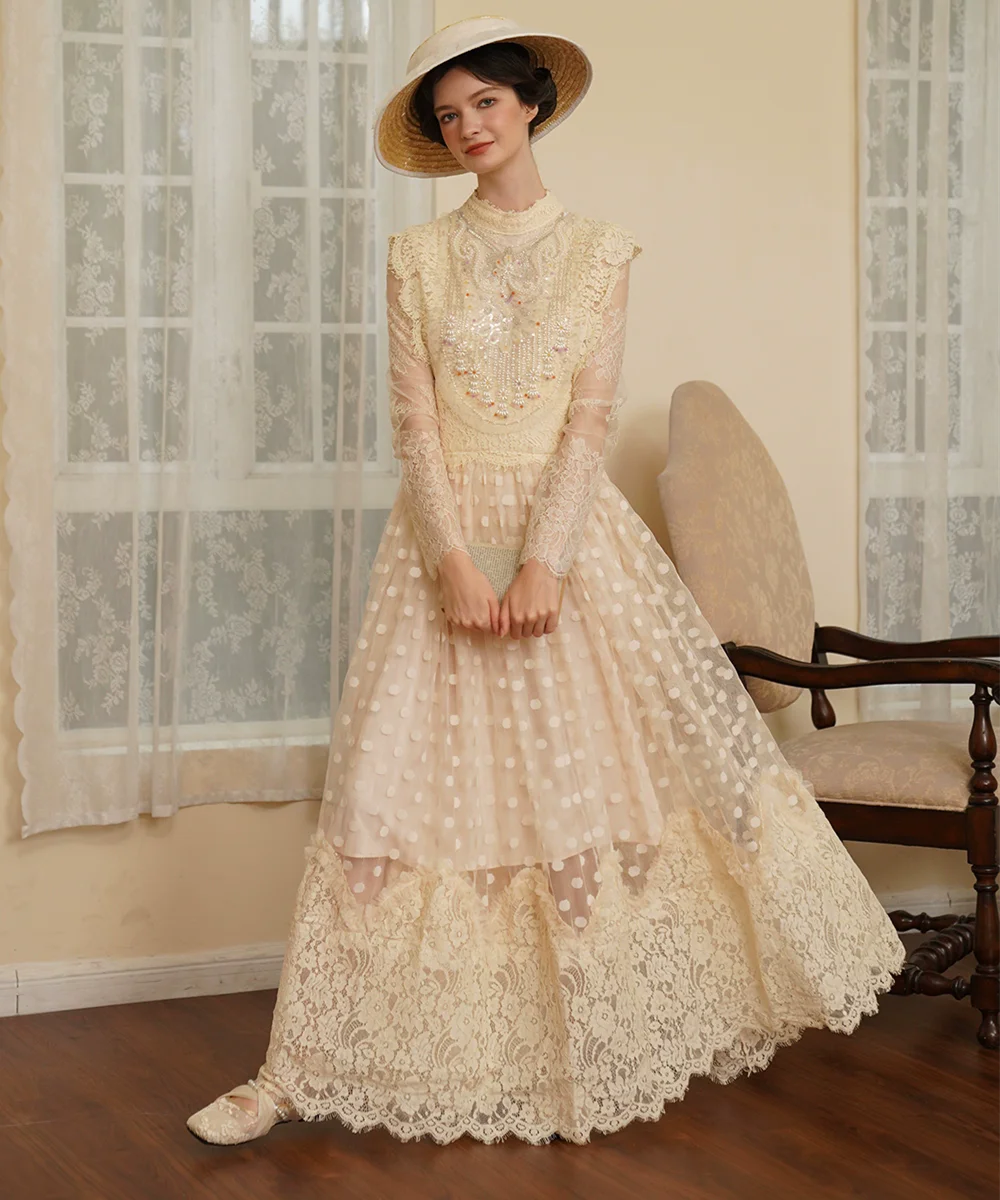 

Весенне-летняя женская викторианская кружевная винтажная ручная вышивка бисером в горошек, кружевная очень большая юбка, вечернее платье трапециевидной формы