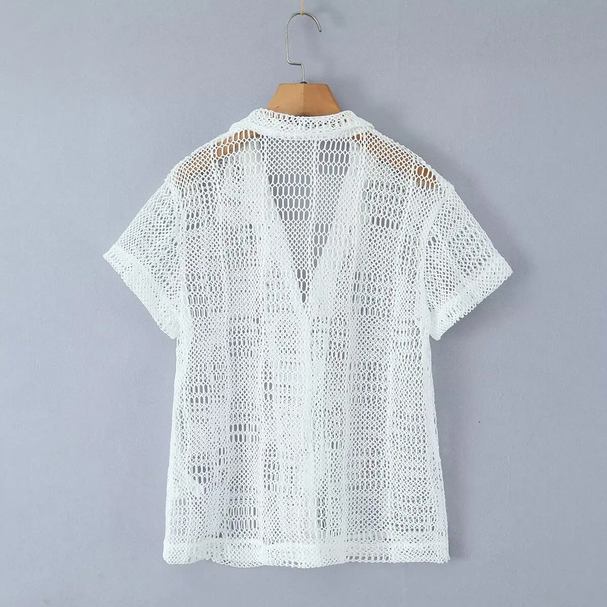 PB&ZA Top da donna in maglia all'uncinetto con colletto a maniche corte e bottoni sul davanti e design traforato per un look elegante e traspirante