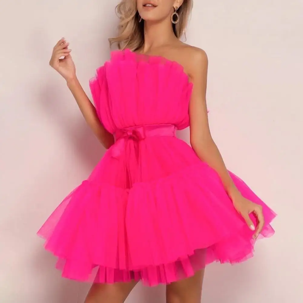 Sexy Off Shoulder Bow Net Yarn Dress Sleeveless Ball Gown Mini Dress Tube Top Style Bandeau Dress Wedding Party Princess Dress