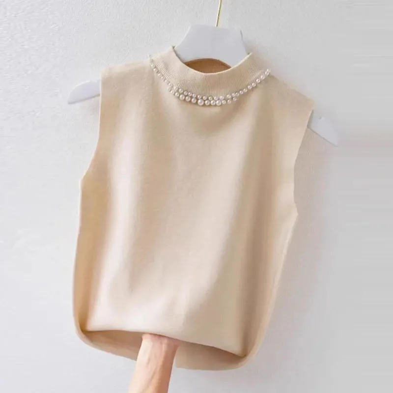 

Вязаный свитер-пуловер для женщин, модный, с круглым вырезом, с бисером, без рукавов, Q3420