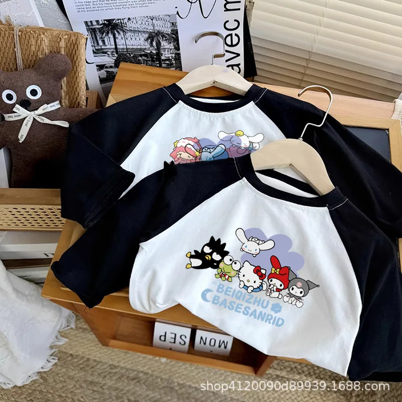 MINISO Hello Kitty Cinnamoroll Langarmshirt Kleidung Süße Kuromi Kawaii Anime Baumwolle Kinder Kapuzen Geschenke für Mädchen