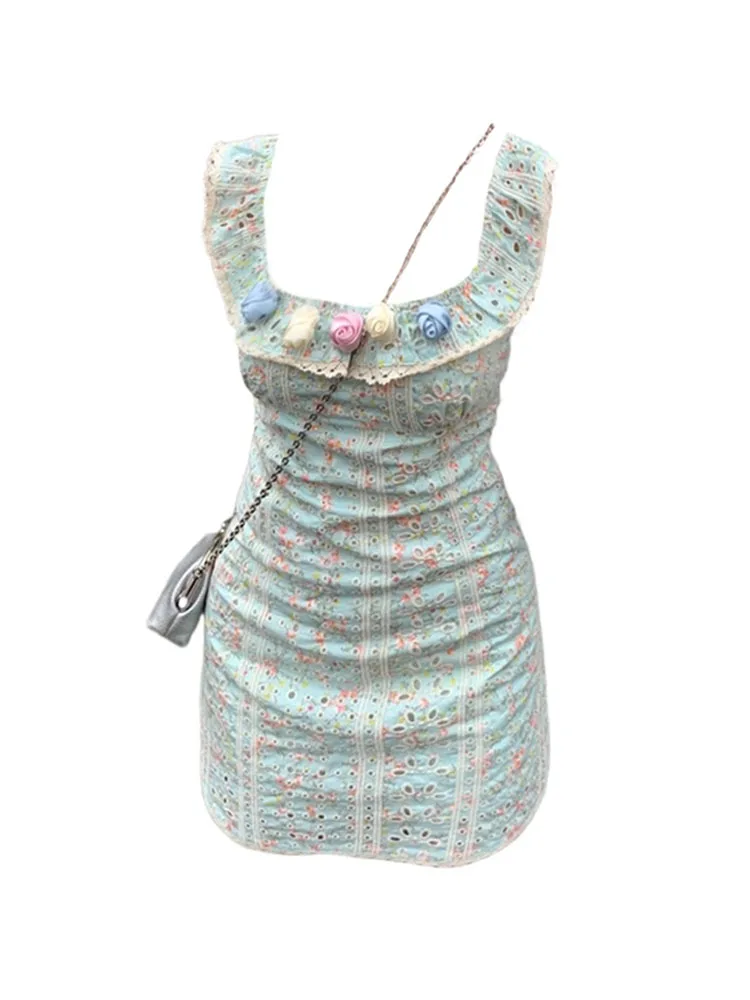 

Elegant Fashion Sexy Slim Corset Dress Summer Women Square Collar Print Flying Sleeve Blue One-Piece Frocks Sweet Prairie Chic