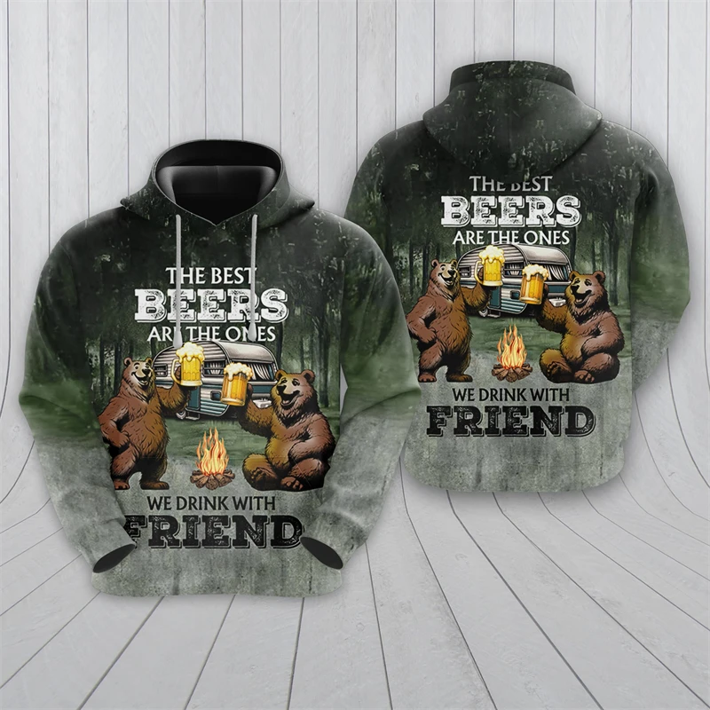 

Bear And Beer Graphic Sweatshirts Harajuku Fashion Animal Hoodies For Men Clothes Funny Kids Pullovers Male Tracksuit Women Tops