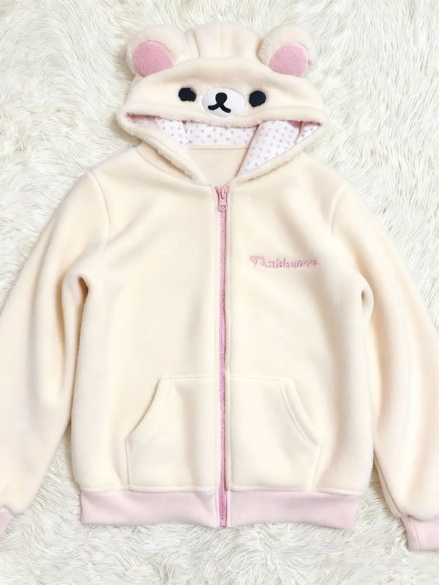 Chaqueta con Capucha y Forro Polar, Diseño de Oso, Estilo Coreano, Suave y Linda, Cárdigan para Mujer, Manga Larga, Cierre de...