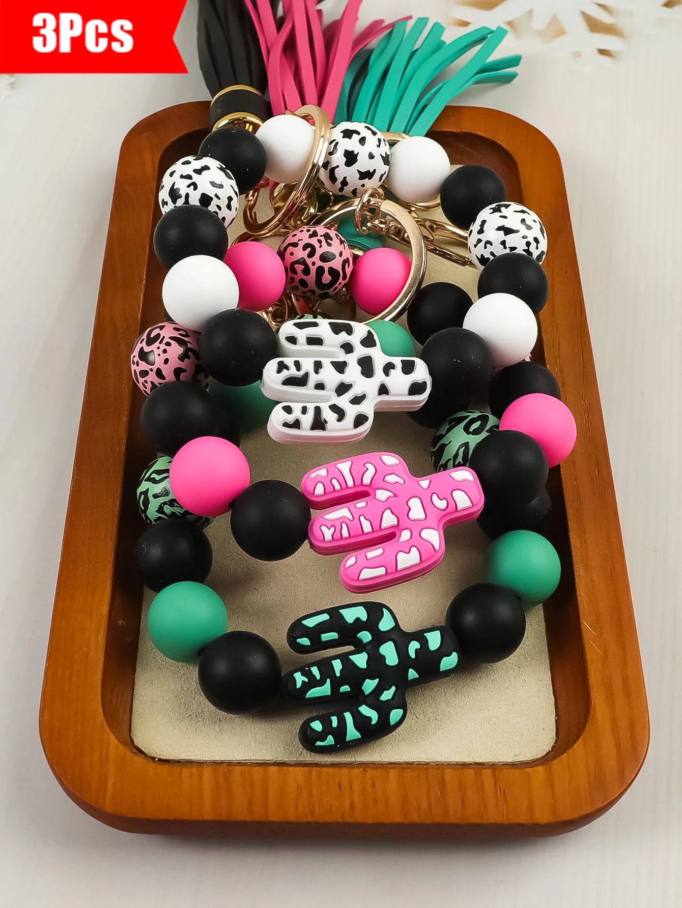 

3PcsBoho Cactus Wristlet Keychains Silicone Bead Bracelets with Tassels, Trendy Accessories for Festival & Beach Days
