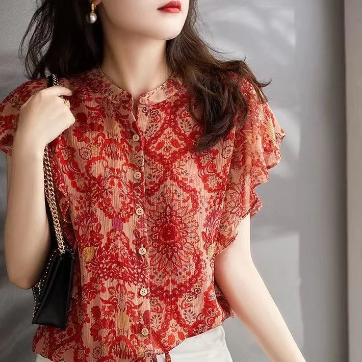 

Women Summer Style Chiffon Blouses Tops Lady Casual Short Ruffles Sleeve Stand Collar Flower Printed Blusas Tops SP1492