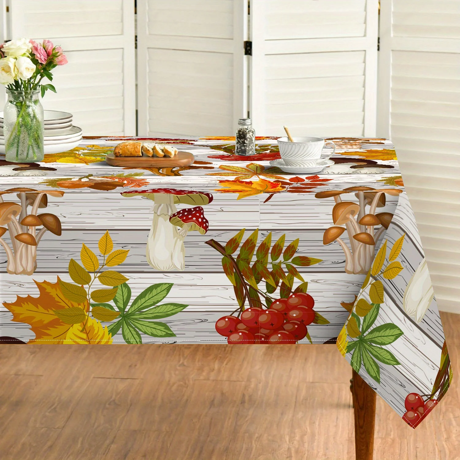 One polyester tablecloth featuring wood grain and mushroom patterns with Thanksgiving theme