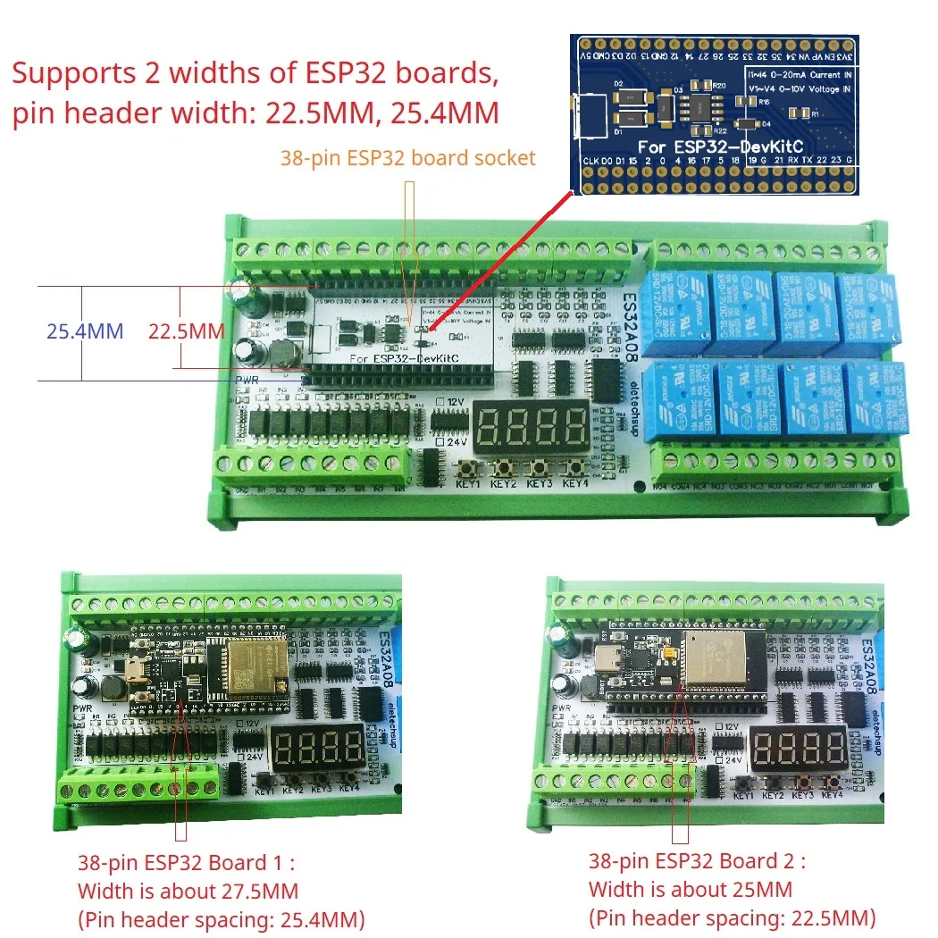 ESP32 Expansion Board 8-Ch Relay 4-20mA/0-10V RS485 WiFi MQTT Ethernet PLC Analog Digital IO Module for Smart Home Automation