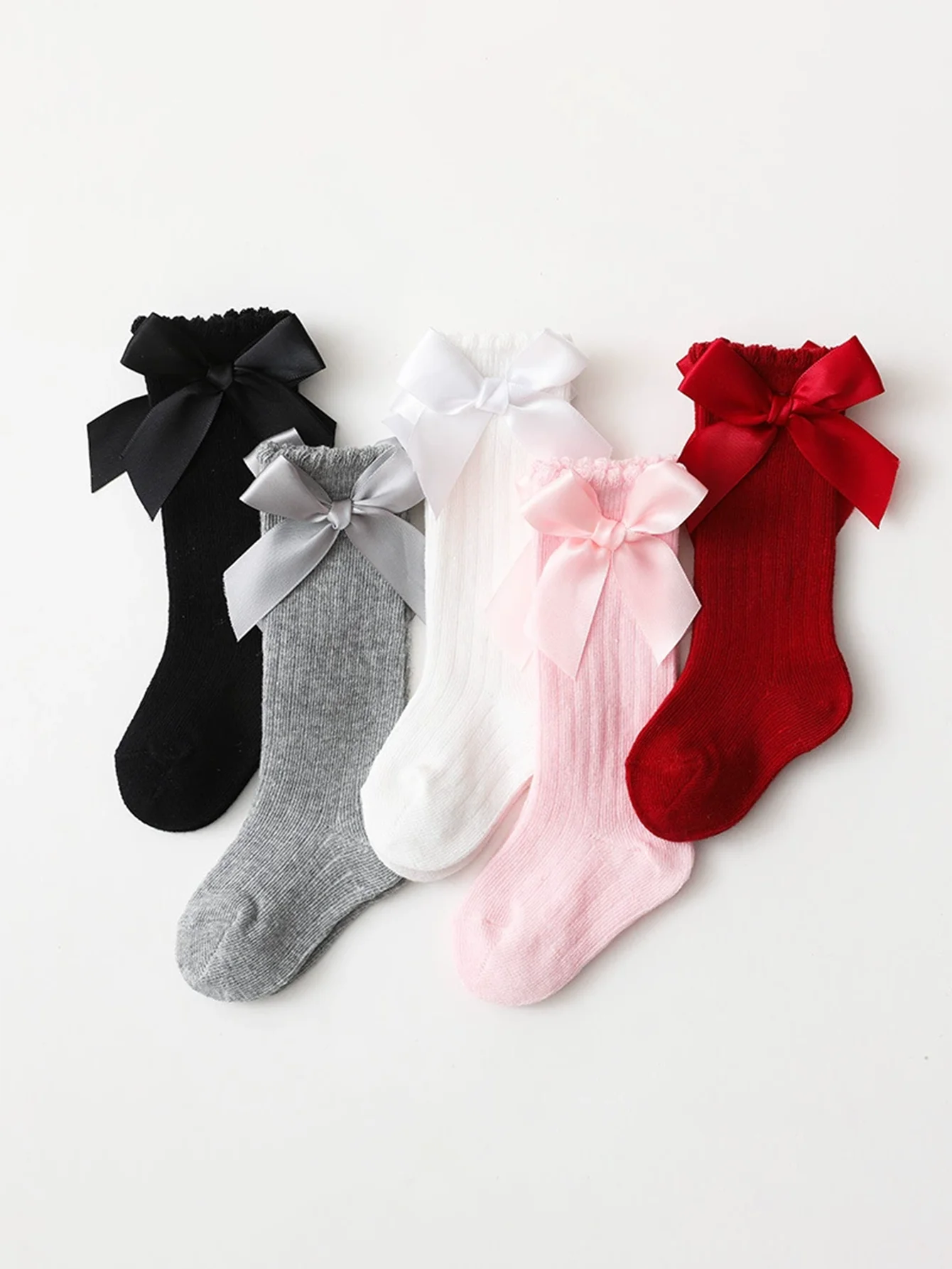 

5 pairs of fashionable lace calf socks for girls, simple bow tie, solid color children's long tube socks
