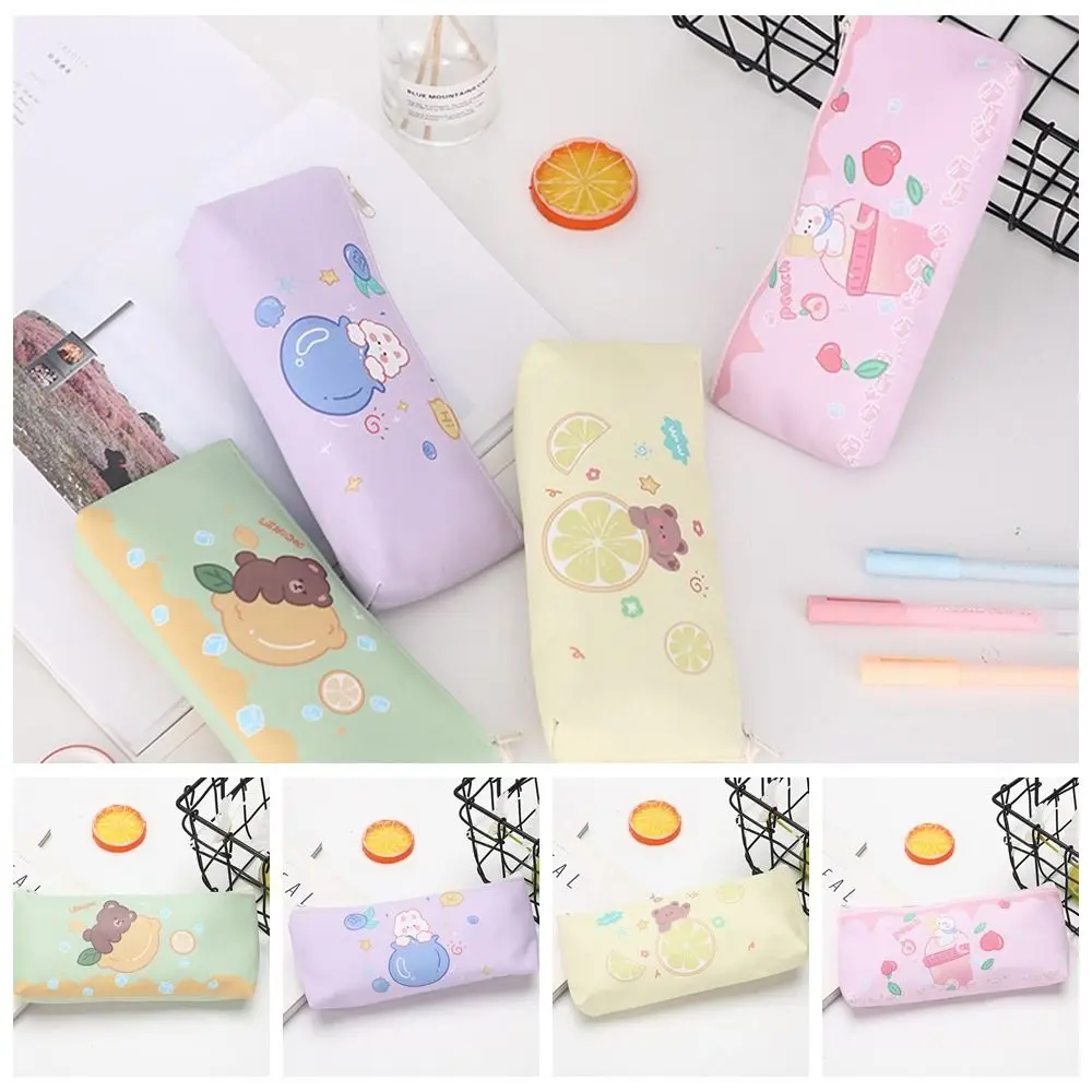 Kawaii Lemon Bear Pen Bag Creative Korean Version Pu Pencil Case Multi-functional Large Capacity Pencil Bag School Supplie