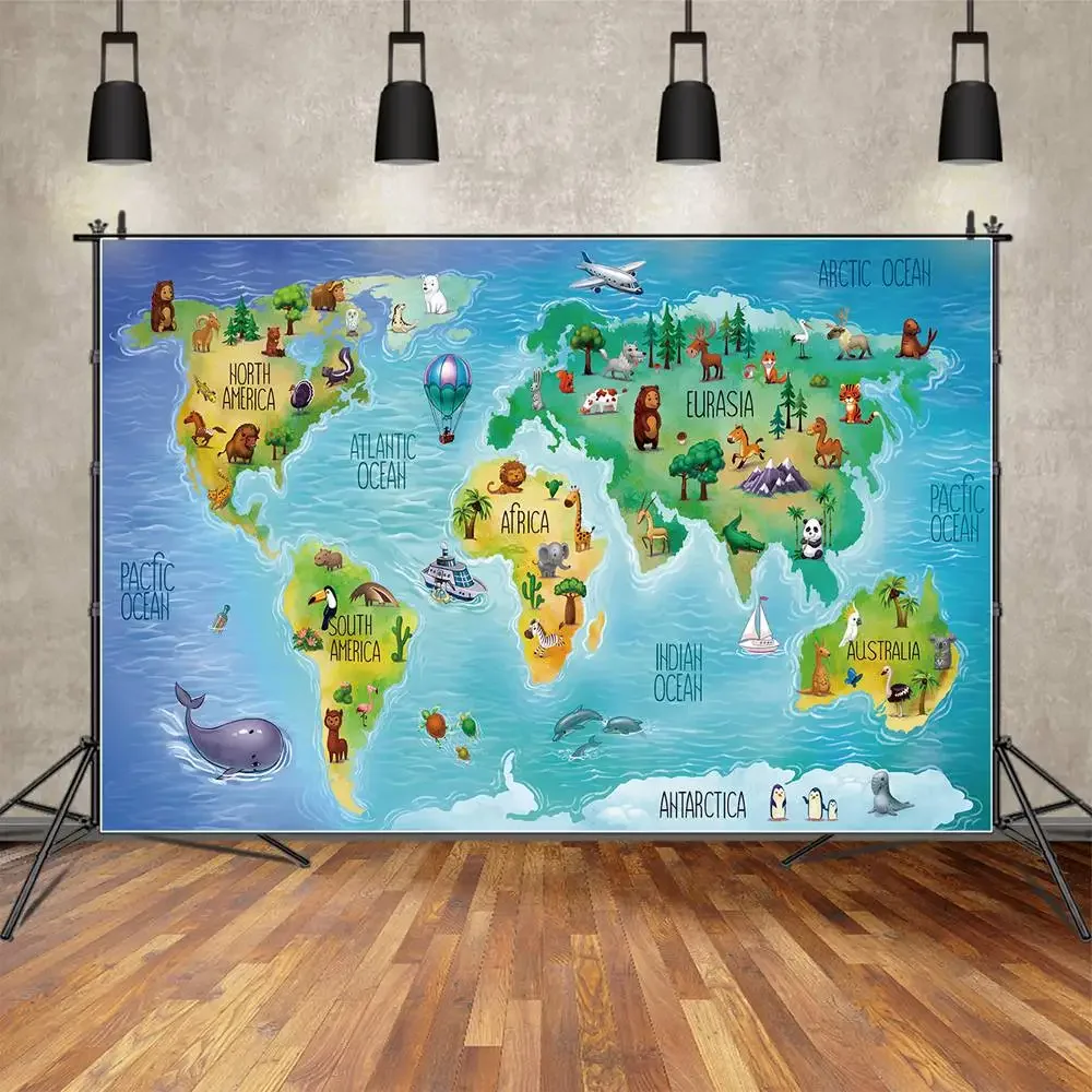 Baby World Map Backdrop Photography Birthday Decoration Custom Boys Ocean Shark Landmarks Wild Animals Party Photo Backgrounds