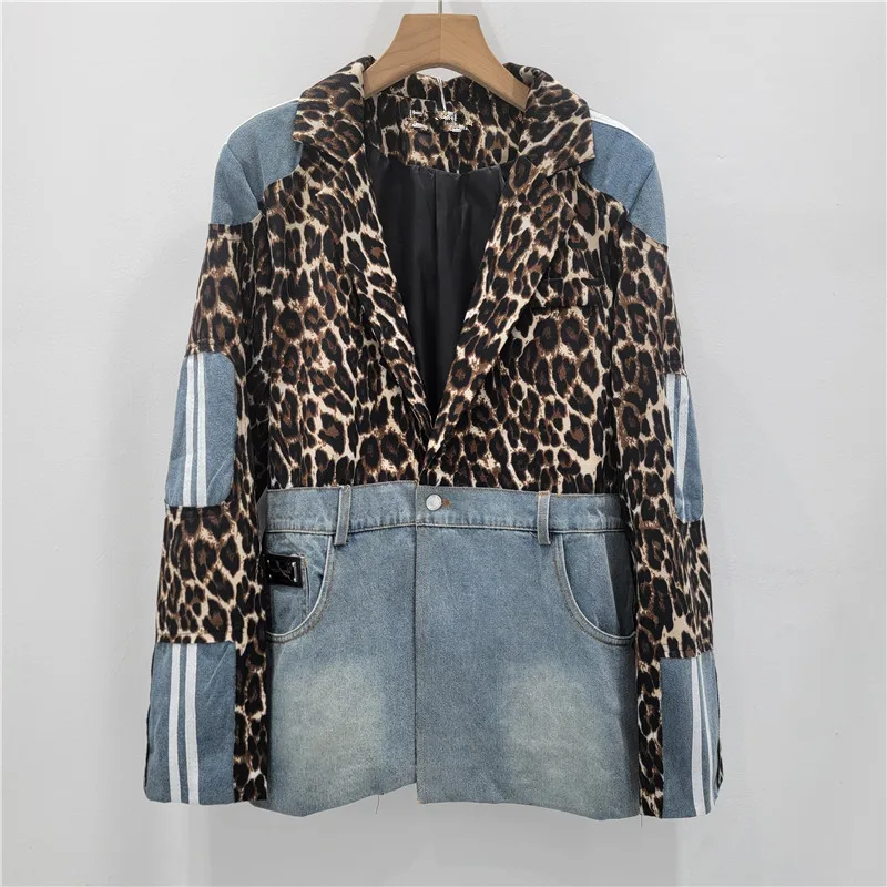Vrouwen Luipaard Gedrukt Gesplitst Denim Pak Jas Cowboy Patchwork Jeans Blazers Jas Lente Herfst Cowboy Vest Tops 2025