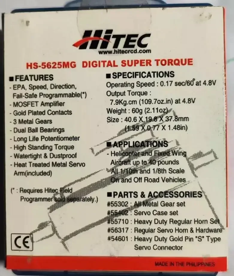 Hitec RCD Hitec HS-5625MG Digital High Speed Metal Gear Servo 40.6 x 19.8 x 37.8 60G 9.4KG Torque for RC car airplane