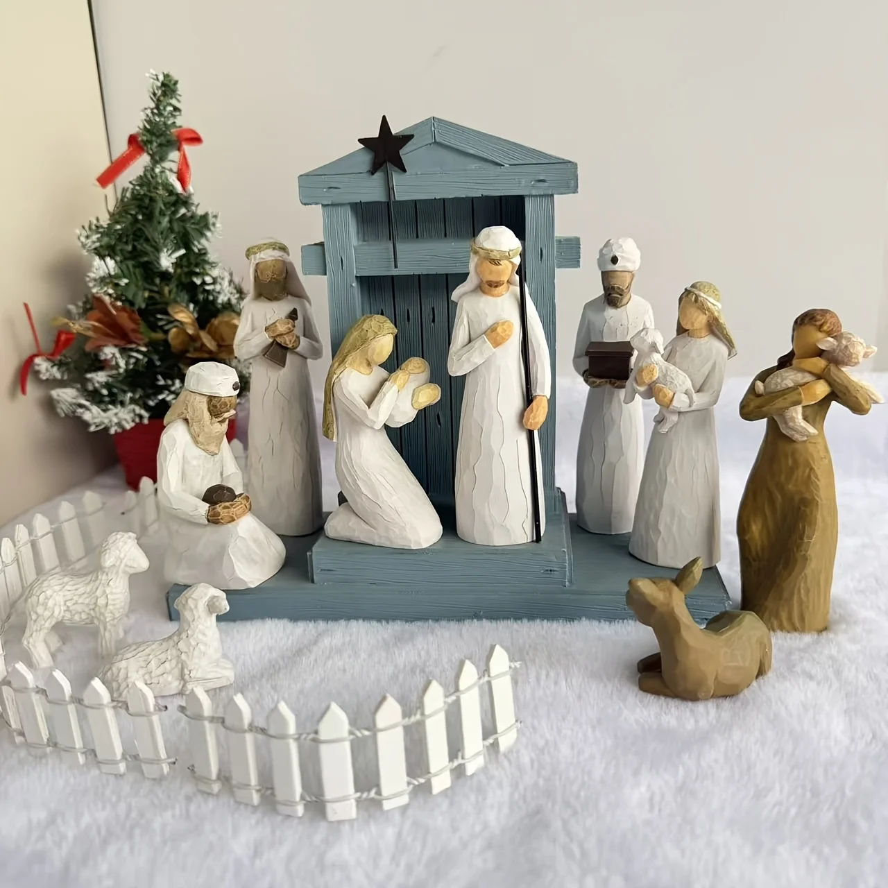 11PCS Christmas Nativity Set Resin Holy Family Manger Scene with Stable Wise Men Shepherd Sheep Home Decor Gift
