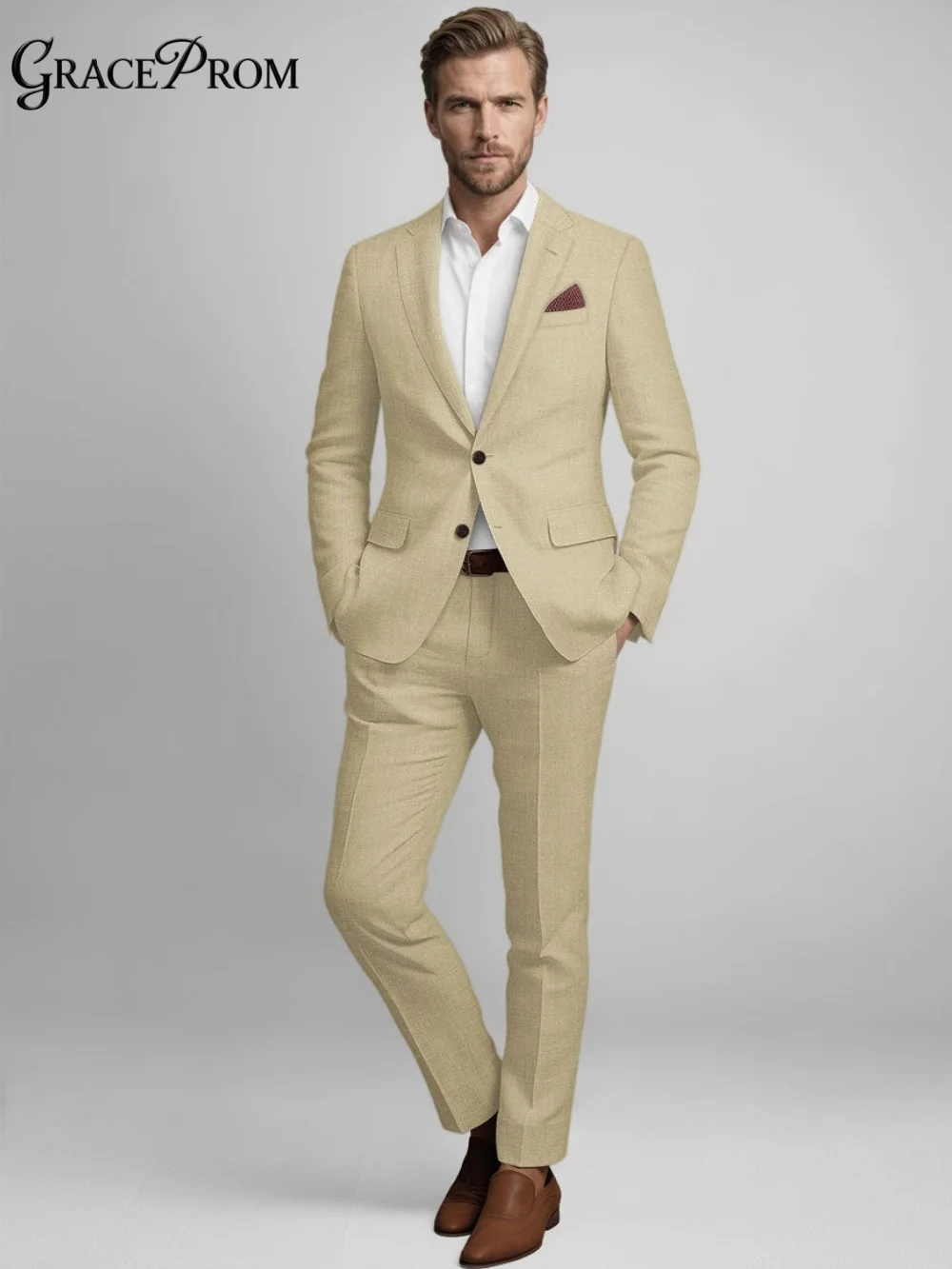 Refined Beige Linen Mens Formal 2Pcs Suit With Slim Cut Blazer And Matching Trousers Elegant Business And Wedding Attire For Men