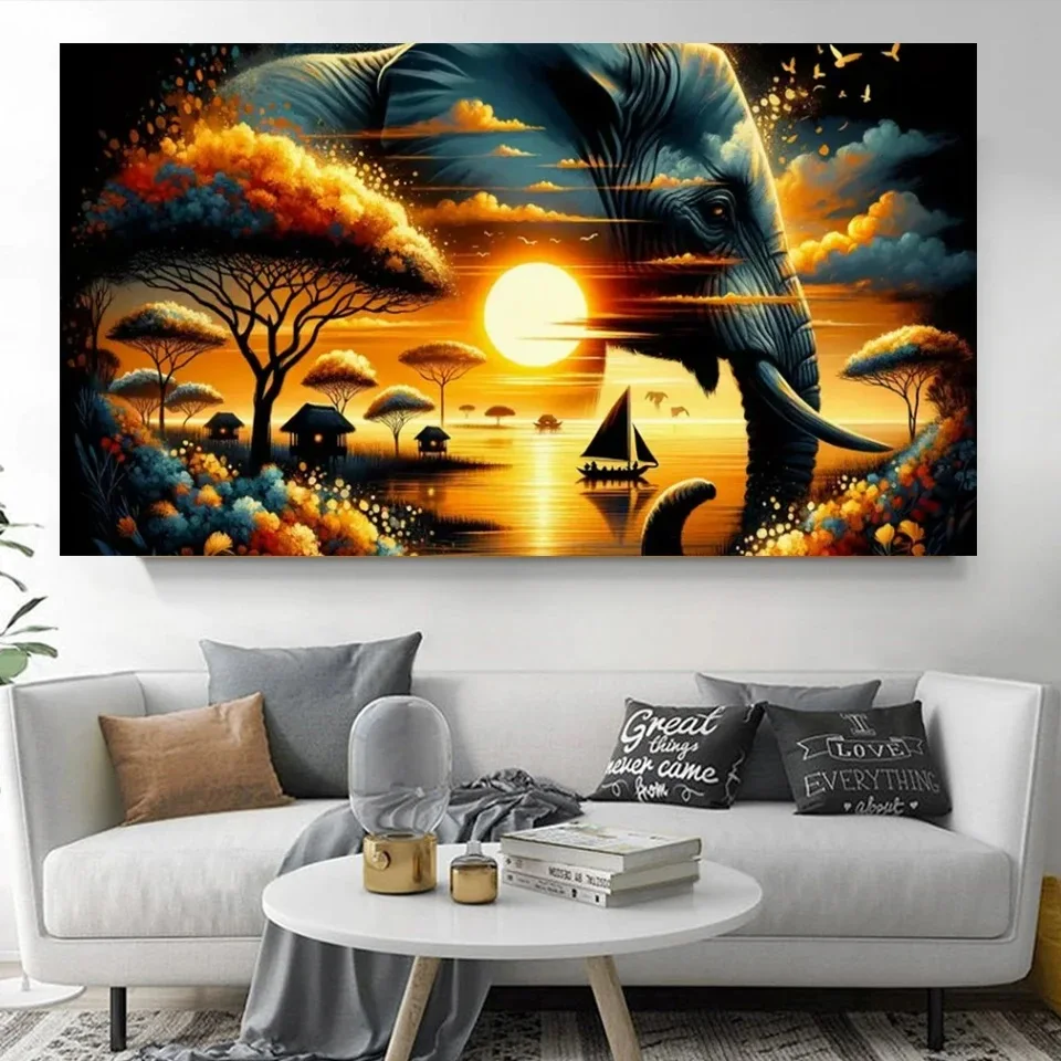 Vibrant Elephant African Landscape Sunset Diy Diamond Painting Large Size Full Diamond Mosaic Art Embroidery Home Decor Gift