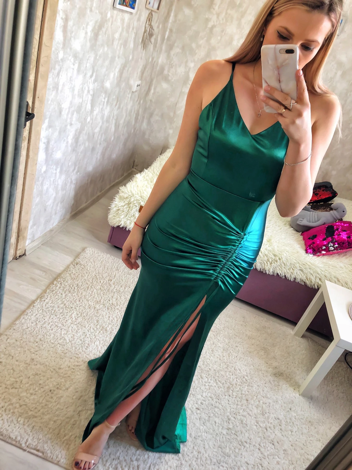 Sexy V Neck Sleeveless Long Satin Dress Evening Wedding Party Bridesmaids Split Mermaid Gown