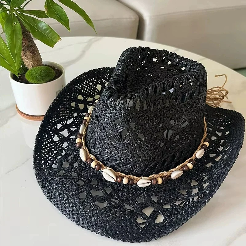 Vintage Sommer Strand Bohemian Strohhut mit Muscheln für Damen und Herren, Western Cowboyhüte mit Holzperlen, Ausgehöhlter Sonnenhut, Urlaubsmütze – Detail 5