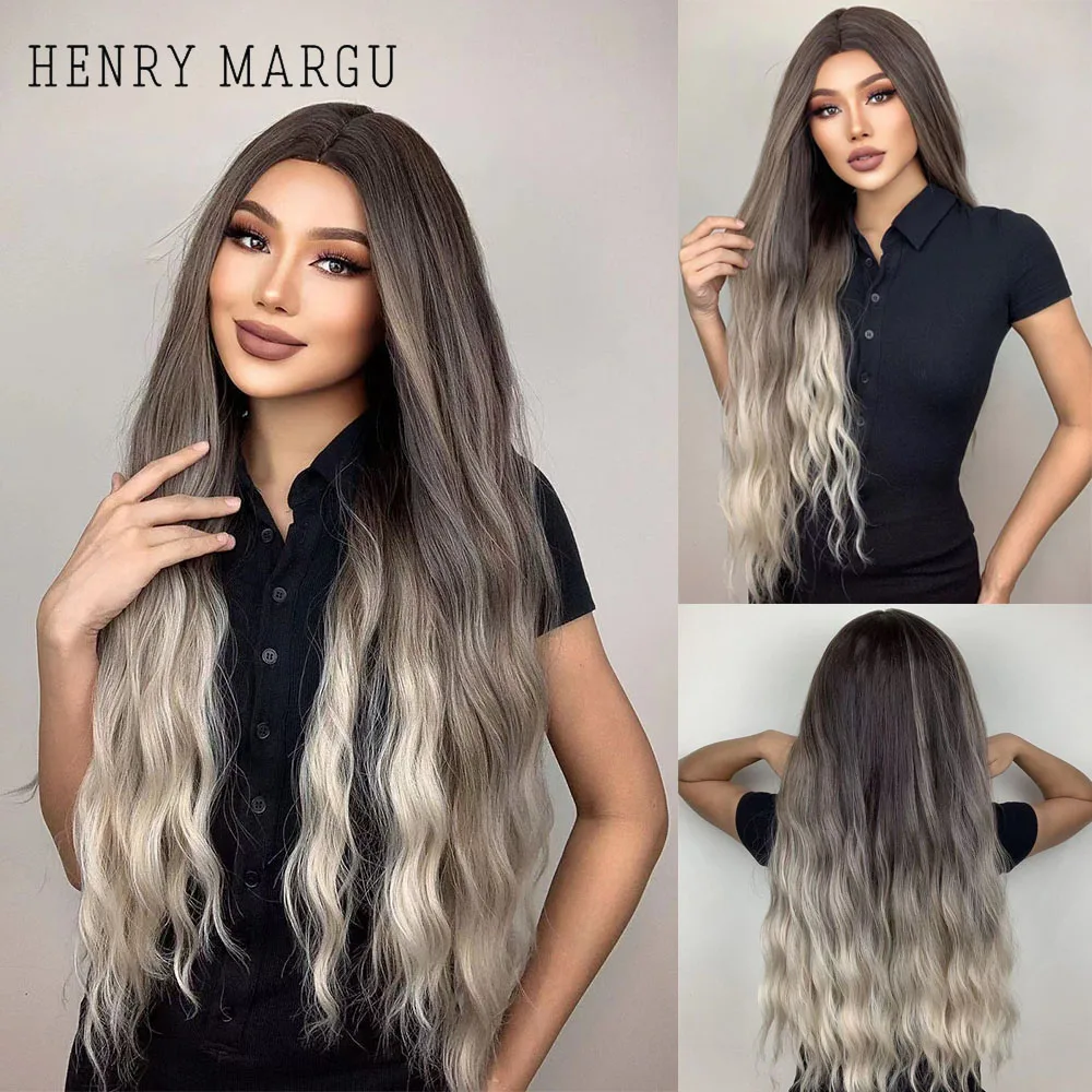 HENRY MARGU Long Curly Wig for Women Afro Ombre Brown Blonde Ash Middle Part Synthetic Wig Cosplay Party Heat Resistant Fake Hai