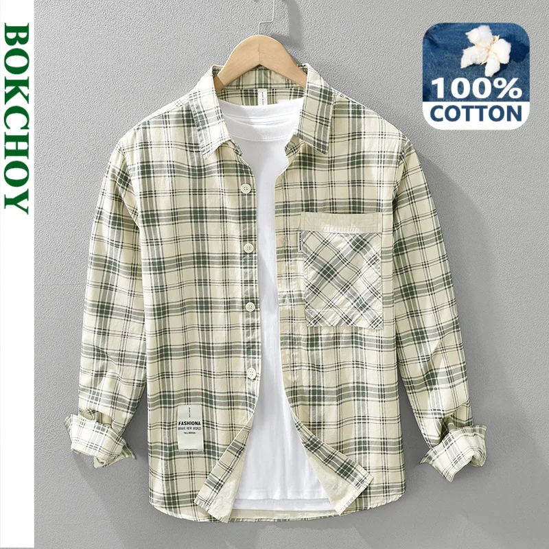 2024 Autumn New Big Pocket Plaid 100% Cotton Shirts for Men Clothing Casual Slim Long Sleeve Men Shirts CM7273