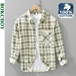 2024 Autumn New Big Pocket Plaid 100% Cotton Shirts for Men Clothing Casual Slim Long Sleeve Men Shirts CM7273