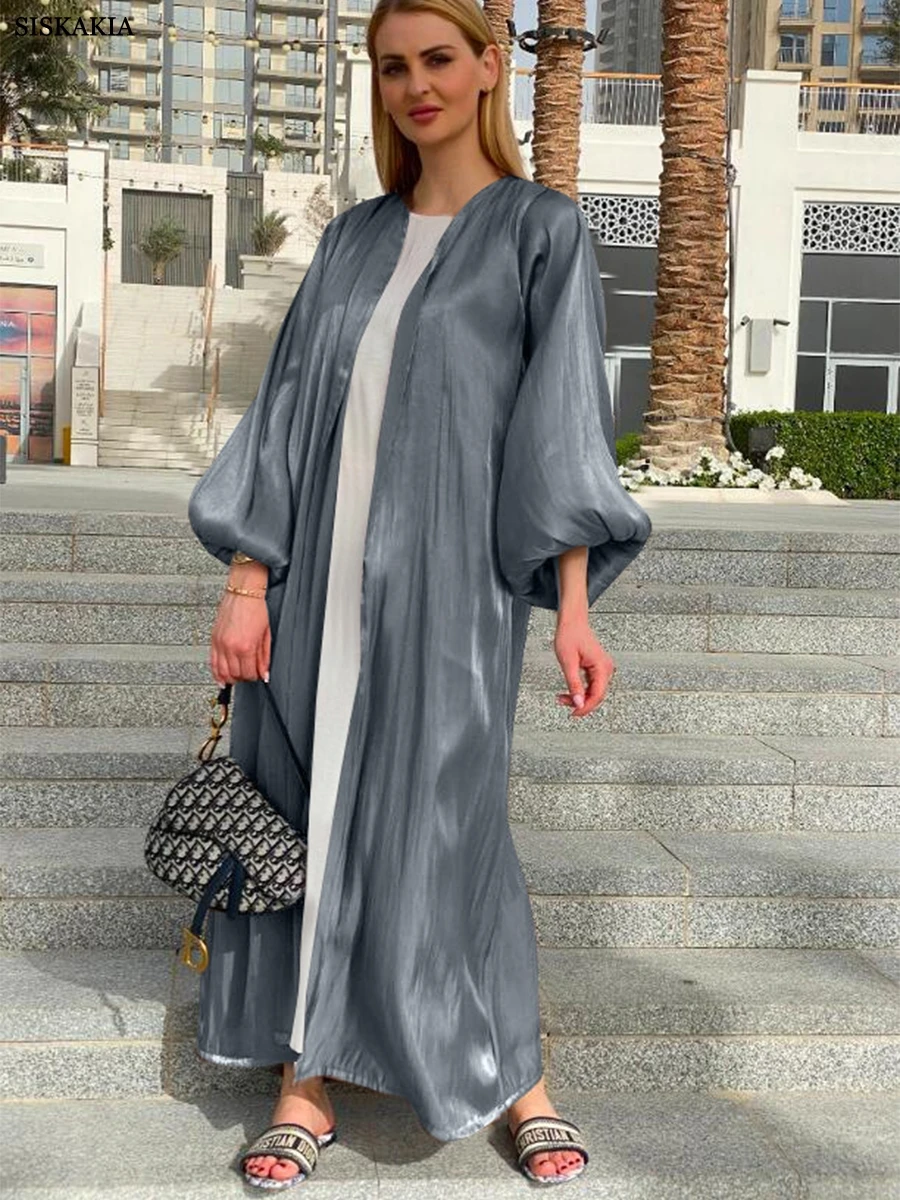 Siskakia Evening Party Hijab Open Kimono Abaya With Sashes Fashion Bright Silk Puff Sleeve Moroccan Gulf Women Robe With Scarf