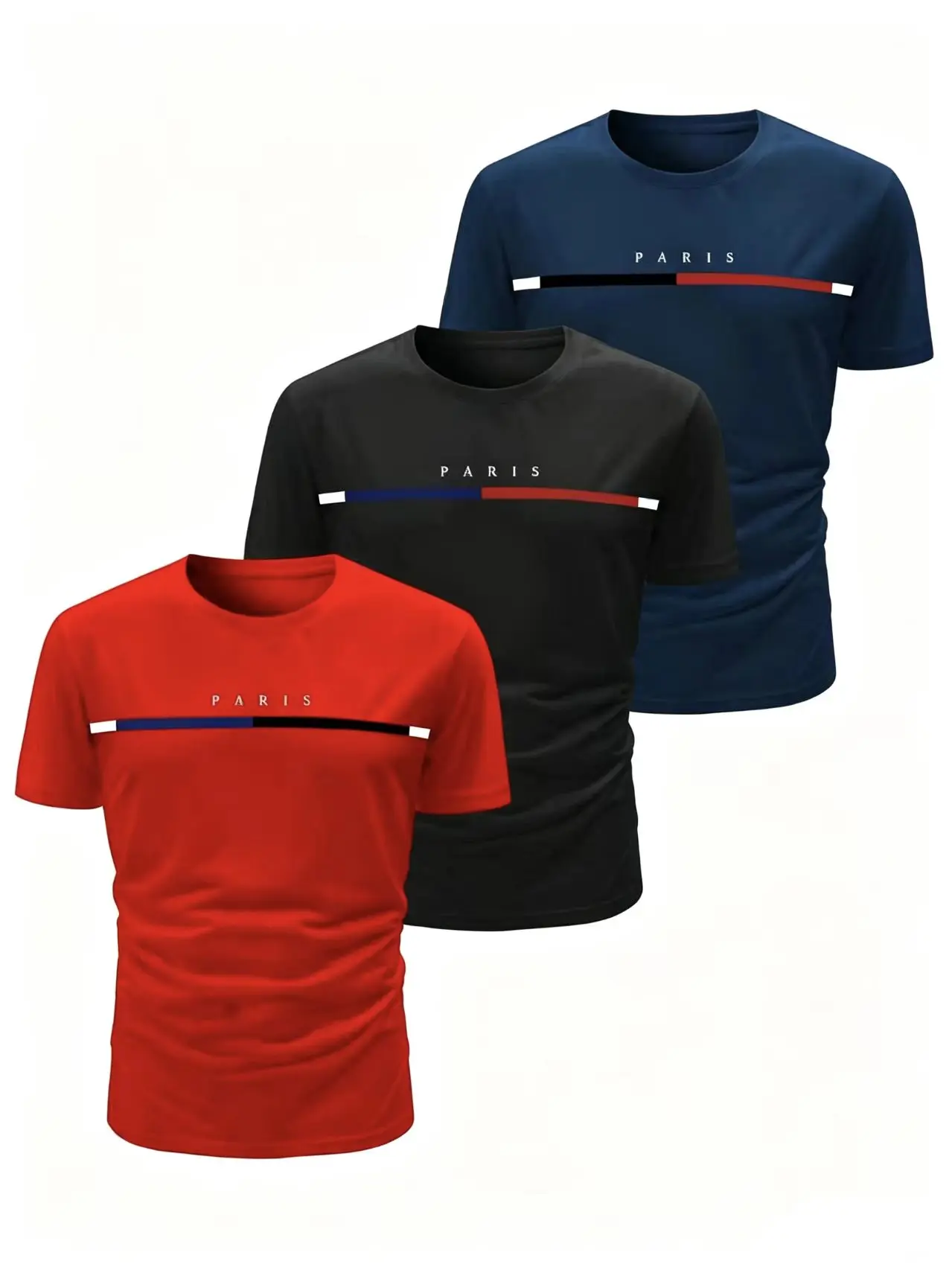 Men Value 3‑Pack T‑Shirts, Color Contrast Stripe Print Crew Neck Short Sleeve Tee Set, Summer Casual Daily Tops